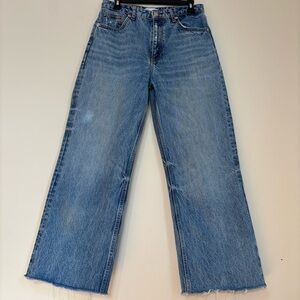 Zara Womens High Rise Wide Leg Raw Hem Jeans Blue Cotton-Blend Size EU 40/US 8